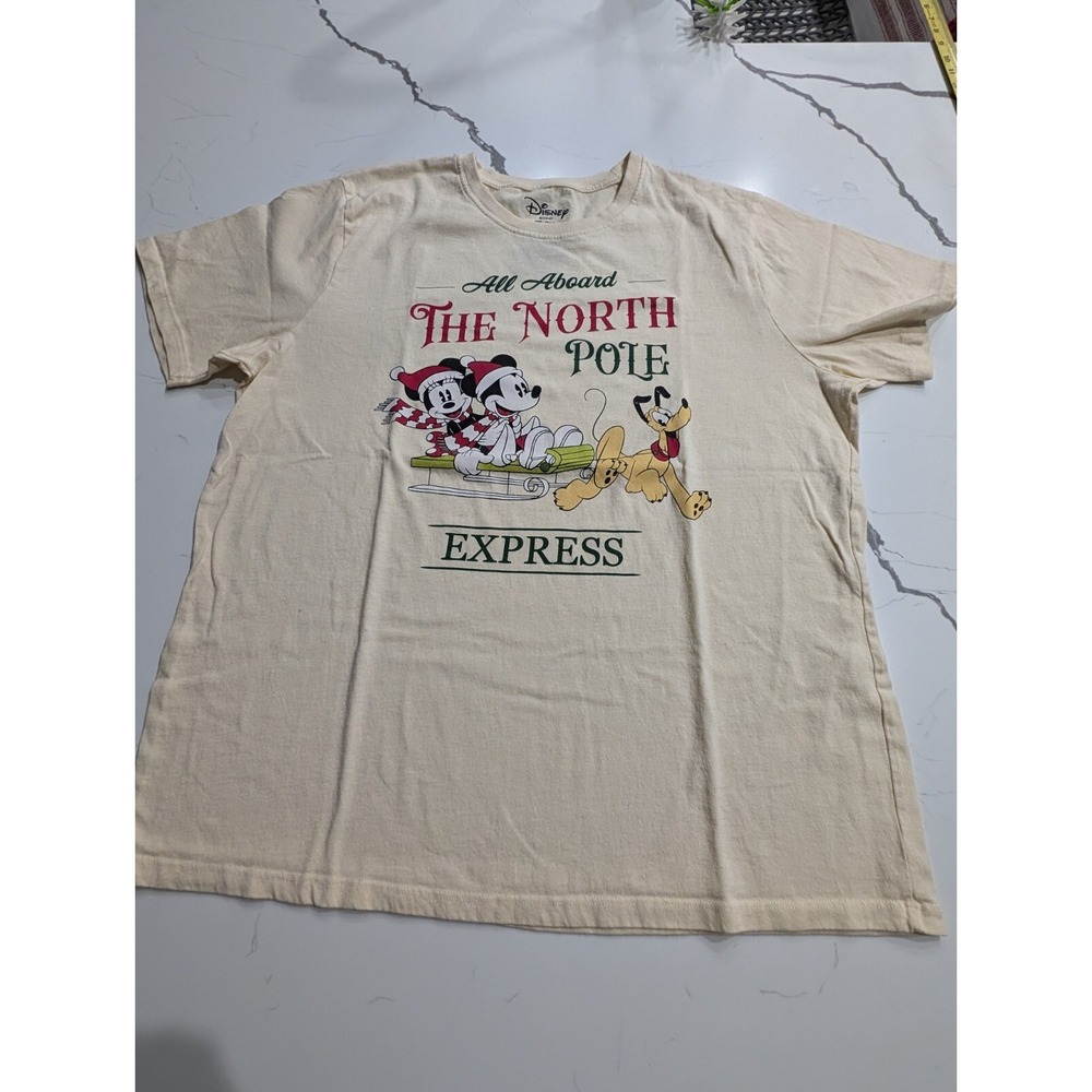 Disney Christmas Shirt XL North Pole Express Mickey Minnie Pluto Cream Tee